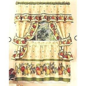Cottage Apple Orchard Kitchen Window Curtain Tiers Swags Tie Backs 36 x57-in NEW